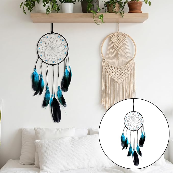 Blue Dream Catchers Home Handmade Blue Dreamcatcher Style Retro Feather Dreamcatcher Traditional Bedroom Decor Wall Hanging for Ornament Art Craft Gift Adults Halloween Christmas