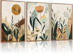 KAIRNE Neutral Floral Wall Art Set of 3,Framed Abstract Prints,Vintage Colorful Flower Canvas,Boho Botanical Artwork,Minimalist Farmhouse Decor for Living Room Bedroom Kitchen Office,16X24 inch