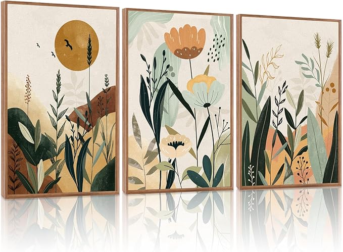 KAIRNE Neutral Floral Wall Art Set of 3,Framed Abstract Prints,Vintage Colorful Flower Canvas,Boho Botanical Artwork,Minimalist Farmhouse Decor for Living Room Bedroom Kitchen Office,16X24 inch