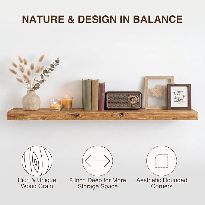 Floating Shelves 40" W x 8" D, Solid Elm Wood Shelves for Wall, 8 Inch Deep Floating Shelves, Rustic Wooden Bathroom Shelves 40" Long - for Living Room, Kitchen, Office, Set of 2, Heavy-Duty Bookshelf