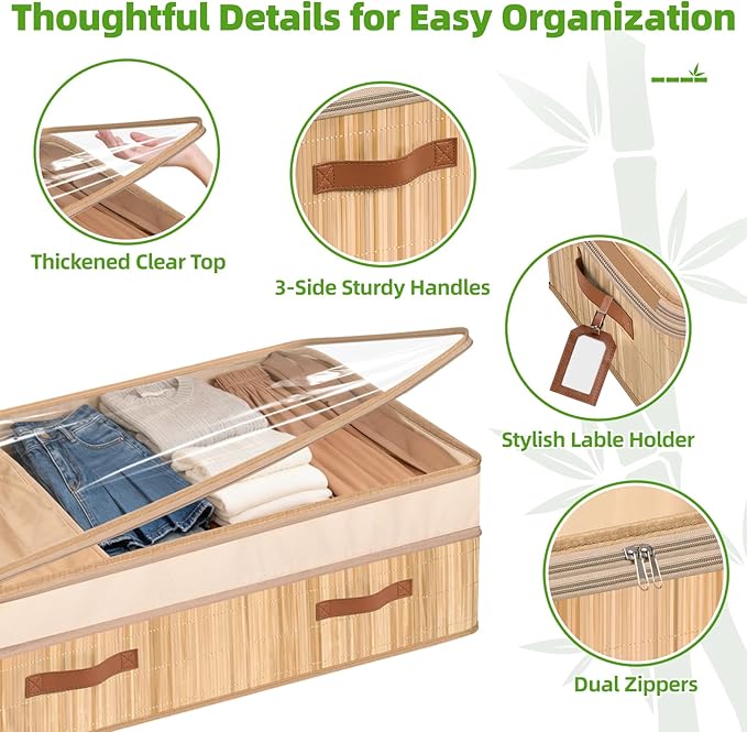 Livole Bamboo Under Bed Storage, 6-10 inches Height Adjustable Underbed Storage Containers, 92L XXXL Large Under Bed Storage Bins with Clear Lid & Label for Clothes, Blankets, Sweater, Shoes, 1 Pack