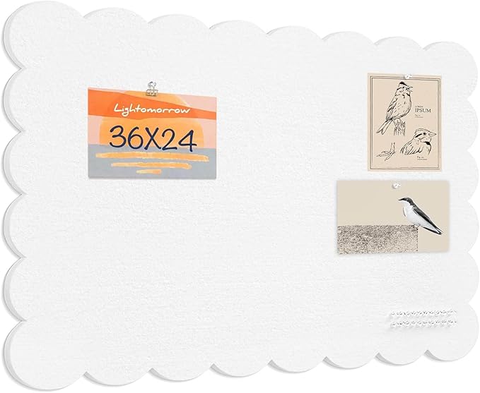Lightomorrow Scalloped Bulletin Board, 36 x 24 Inches Felt Pin Board - Decorative Cork Alternative for Wall, 3' x 2' Foldable Picture Self-Adhesive Vision Prayer Board with 20 Pushpins - White