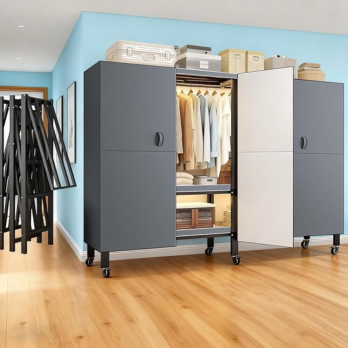 Heavy Duty Portable Closet with Cover Magnetic Doors, Metal Rolling Clothes Rack Heavy Duty 1500LBS, Foldable Clothing Rack, Garment Racks for Bedroom/LivingRoom/Rental (KT Grey, 59.05in)