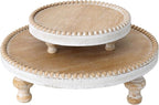 SwallowLiving Rustic Set of 2 Round Wood Tray Riser Farmhouse Pedestal Stand with Beaded Edge for Decor Wooden Finish Cupcake Display for Cakes and Decorative Items 11.8/7.5 inches