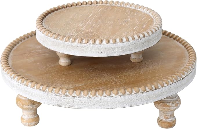SwallowLiving Rustic Set of 2 Round Wood Tray Riser Farmhouse Pedestal Stand with Beaded Edge for Decor Wooden Finish Cupcake Display for Cakes and Decorative Items 11.8/7.5 inches