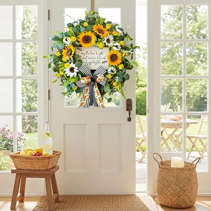 Spring Wreaths for Front Door 24 Inch Handmade Spring Summer Wreath with Artificial Sunflowers,Welcome Message Sign & Elegant Bow and White Yellow Daisy Wildflowers for Home,Porch&Gift Giving