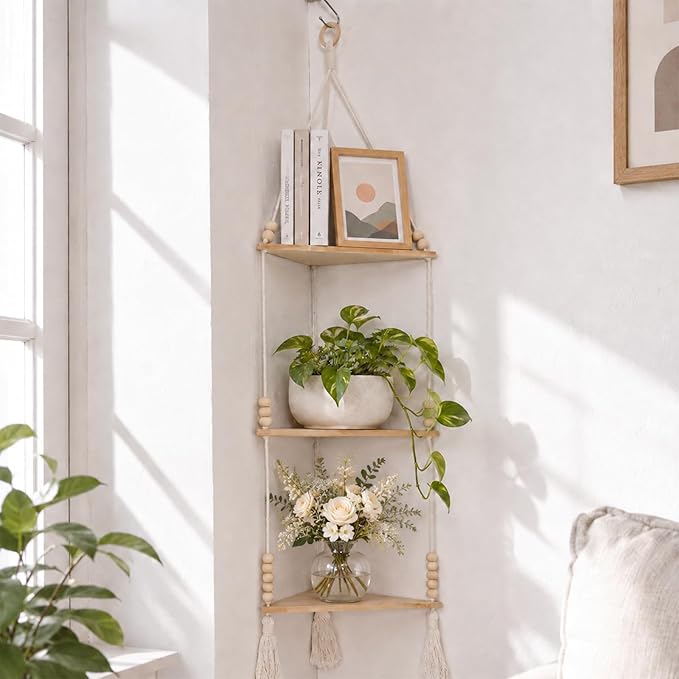 Artilady Macrame Corner Shelf Wall Hanging 3-Tier, Adjustable Boho Wood Plant Shelves Display for Indoor Candle Holder, Bedroom Living Room Home Decor (Beige 3-Tier)