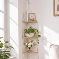 Artilady Macrame Corner Shelf Wall Hanging 3-Tier, Adjustable Boho Wood Plant Shelves Display for Indoor Candle Holder, Bedroom Living Room Home Decor (Beige 3-Tier)