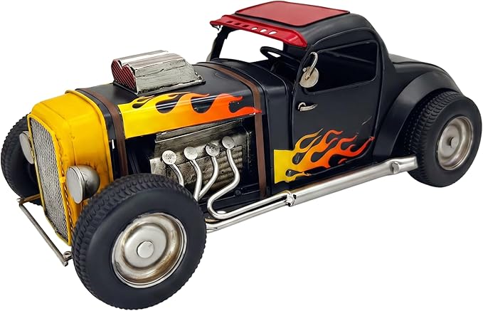 GENUINQ Vintage Hot Rod Metal Car Model Retro Classic Car Decor, Handmade Collectible Vehicle Figurine with Flame Design for Home, Office, Man Cave Decor & Gift