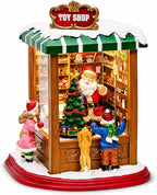 MOMENTS IN TIME Lighted Santa’s Christmas Village Shop LED Lights, Music & Animation Battery Operated 8.8” Holiday Building Christmas Decoration