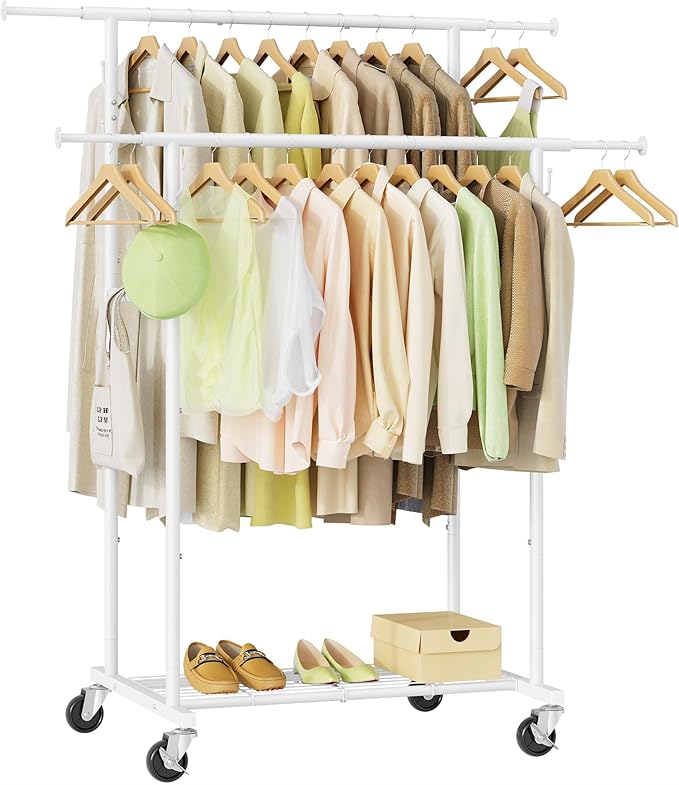 Double Rod Garment Rack, Heavy Duty Rolling Clothes Rack with Wheels For Hanging Clothes, Portable Metal Clothing Rack with Shelves,White, 64.2in Chrome
