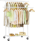 Double Rod Garment Rack, Heavy Duty Rolling Clothes Rack with Wheels For Hanging Clothes, Portable Metal Clothing Rack with Shelves,White, 64.2in Chrome