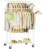 Double Rod Garment Rack, Heavy Duty Rolling Clothes Rack with Wheels For Hanging Clothes, Portable Metal Clothing Rack with Shelves,White, 64.2in Chrome