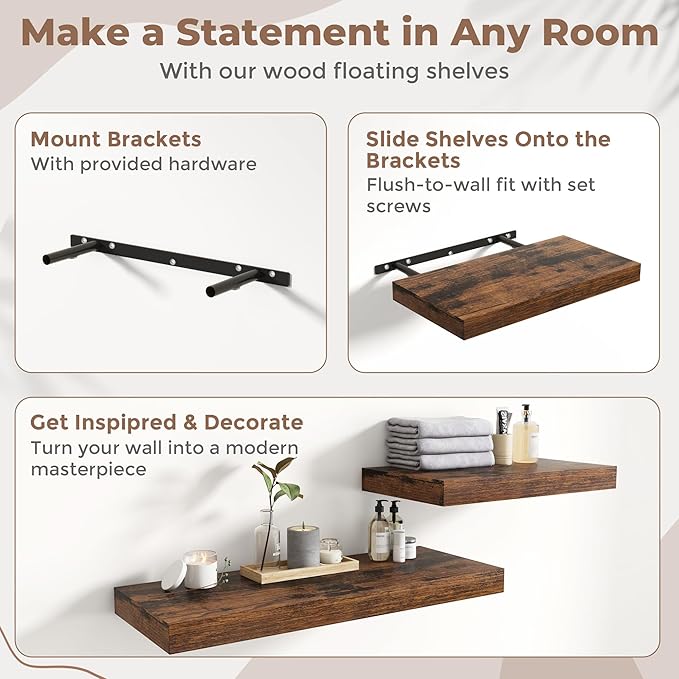 24 Inch Floating Shelves for Wall 2 Pack, 12"D Wood Grain Bathroom Shelves with Invisible Brackets, Easy Install Engineered Wood Storage Shelves for Kitchen, Living Room, Bedroom, Rustic Brown Finish