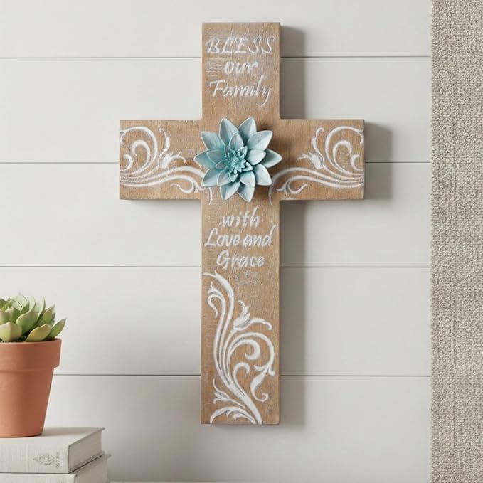 TRENDIN Rustic Cross Decor for Wall, Wooden Decorative Wall Cross with Metal Flowers, Bless Our Family Christian Home Decor, Farmhouse Hanging Art for Living Room, Entryway, Bedroom