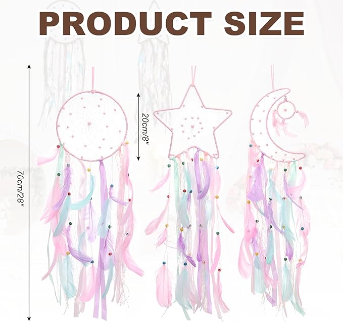 PATIKIL 28" Moon Sun Star Dream Catchers Set, Feather Handmade Dream Catchers Wall Hangings Art Decor for Home Wedding Bedroom Living Room Ornament,Pink