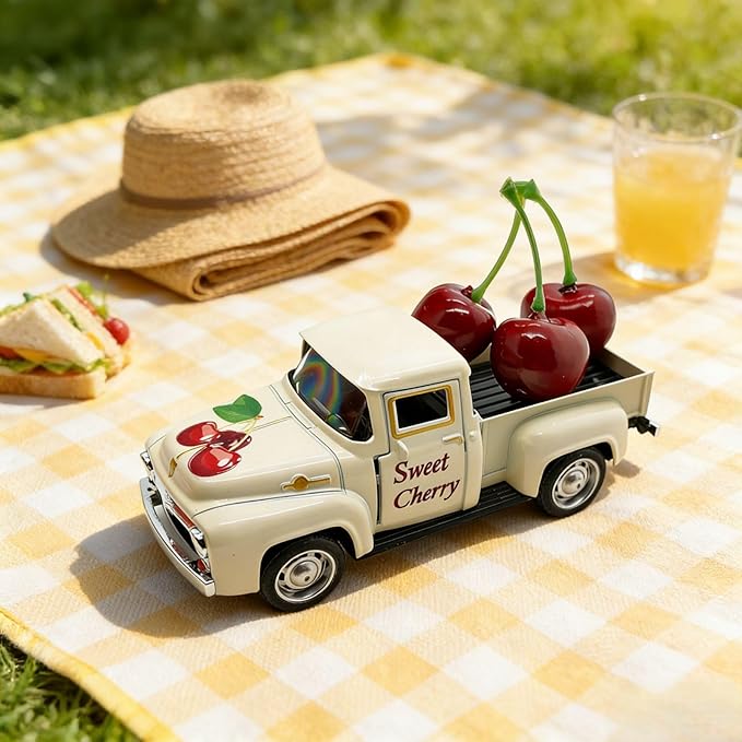 Cherry Truck Decor, Vintage Cream Pickup Truck with Cherry Arrangement, Rustic Farmhouse Summer Tiered Tray Decor, Kitchen Table Centerpiece, Home Office Shelf Decorations