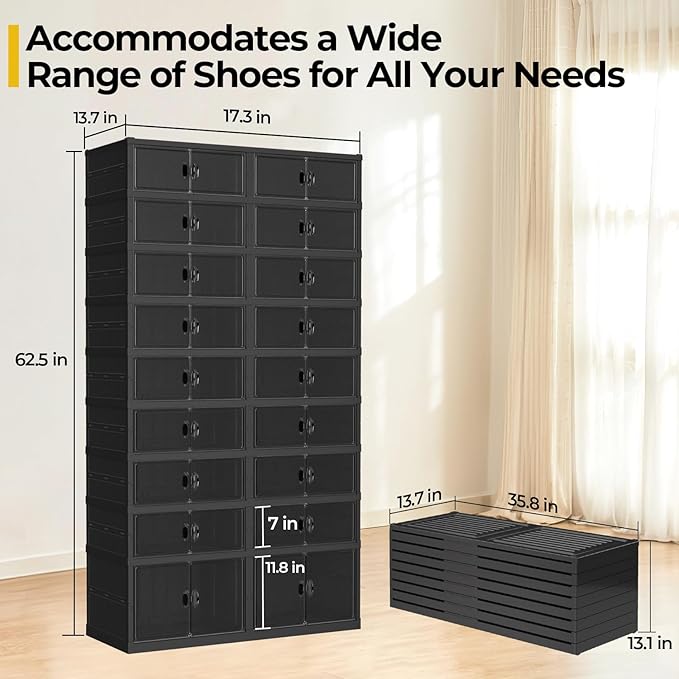 FAHKNS Foldable Shoe Rack, Transparent Shoe Boxes with Magnetic Double Doors, Shoe Organizer Storage for Entryway/Bedroom/Cloakroom, Large Shoe Cabinet with Hidden Bottom Roller 9 Tiers 4 Row (Black)