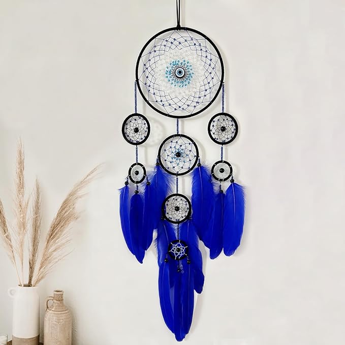 Blue Evil Eye Dream Catcher Wall Decor, Jiyamony Dreamcatcher Hanging Pendant for Home Protection and Blessing Decor with a Car Accessories Evil Eye Charm Gift