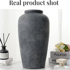 Rustic Distressed Ceramic Threaded Vase, 11"H Handmade Wabi Sabi Decor Vase (Deep Charcoal with Light Gray Weathering and Wheat Beige Patches) for Living Room Table Centerpieces, Entryway & Fireplace