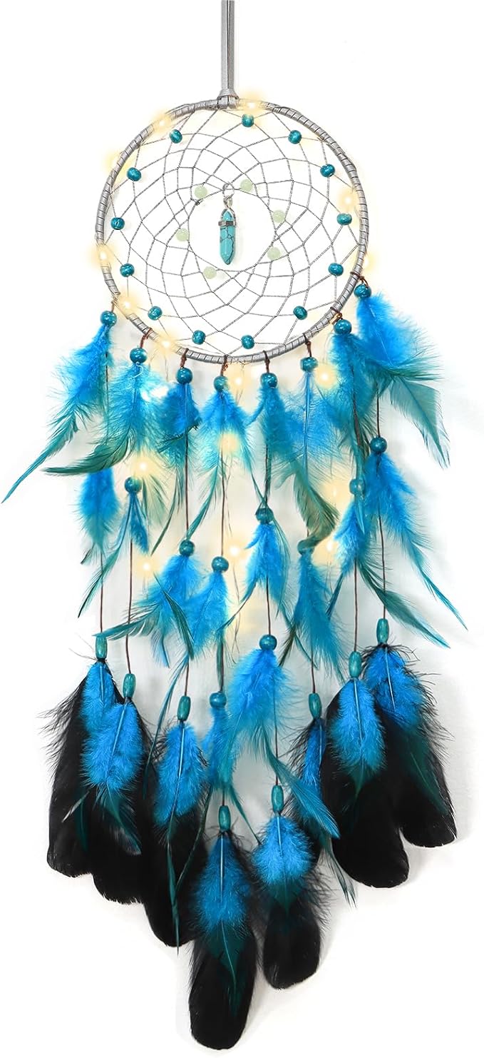 Dremisland Dream Catcher Handmade Blue Feather Dreamcatchers Wall Hanging Elegant Wall Art Room Decoration for Windows Balcony Bedroom Wedding Party Gift for Girls and Kids (Blue-with Lights)