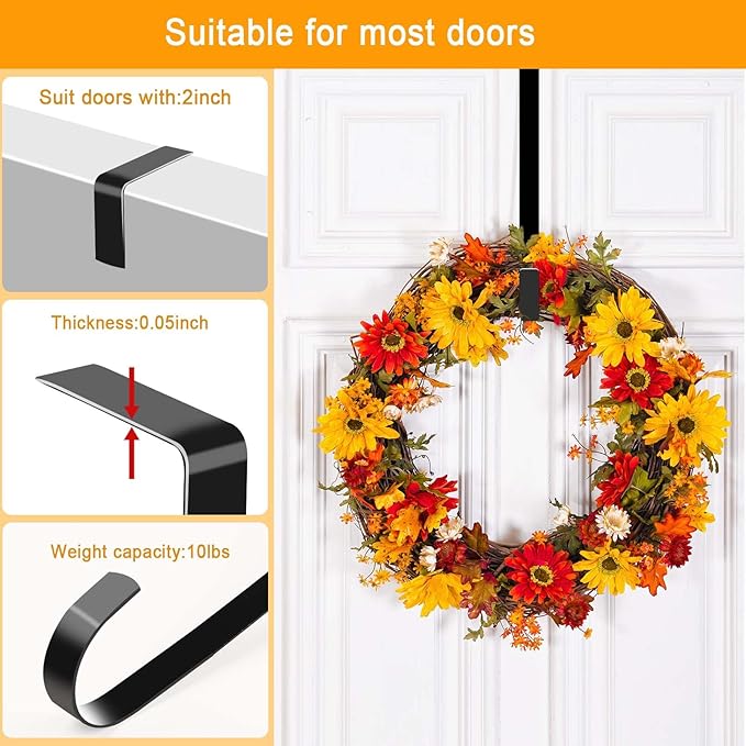 4 Pack Wreath Hangers for Front Door, Over The Door Wreath Hanger Holiday Decorations Wreath Hook for Hanging Christmas Easter Fall Decoration, Welcome Sign Holder Two Each of 12" and 15" (Black)