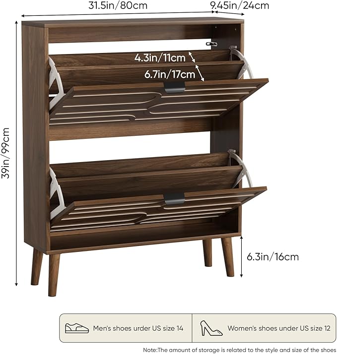 Shoe Cabinet with 2 Flip Drawers, Freestanding Shoe Storage Cabinet with Fluted Panel Design, Hidden Shoe Organizer Rack for Enterway, Hallway, Foyer, Walnut