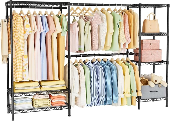 Coat Rack Clothes Wardrobe：Closet Organizer and Storage Clothing Garment Rack with Shelves Heavy Duty for Hanging Clothes Portable Adjustable Black 15.8" Dx(70-88.5)" Wx76.5 H