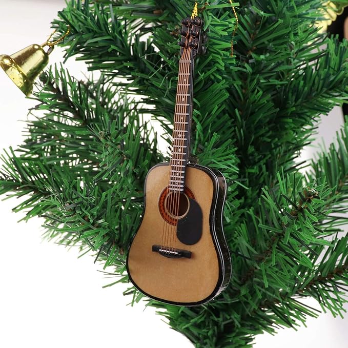 Wooden String Miniature Guitar Hanging Ornament Mini Musical Instrument Replica Holiday Tree Home Decoration Display Ornament (5.12" Acoustic Guitar)