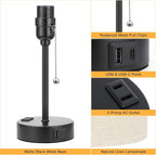 Beige Small Lamps 3 Levels Brightness - 3000K 4000K 5000K Bedside Lamps with USB C and A Ports, Pull Chain Table Lamps with AC Outlet, Nightstand Lamps with Black Metal Base for Bedroom Kids Reading