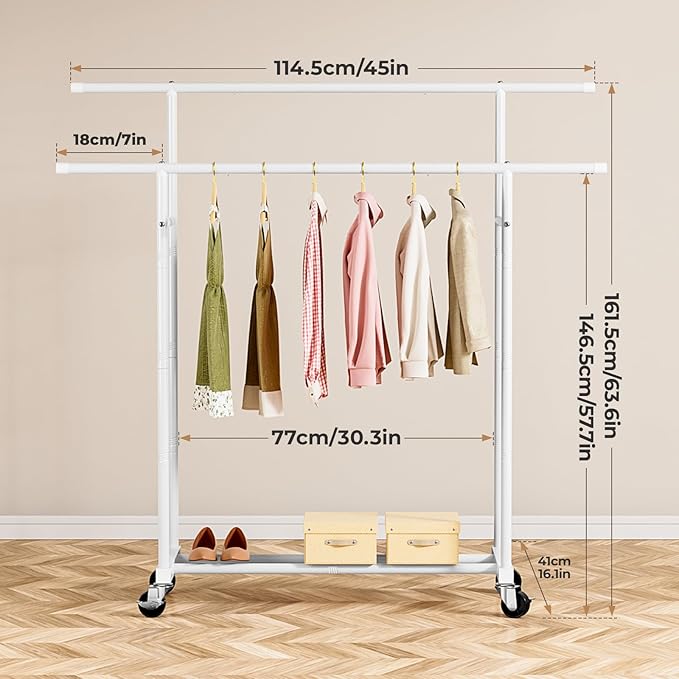 Abiglifty Double Rods Clothes Rack for Hanging Clothes, Clothing Rack with Wheels, Portable Closet Organizer for Laundry, Room (White)