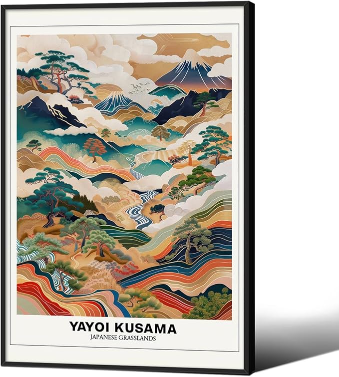 Vintage Yayoi Kusama Grasslands Posters Japanese Wall Art Yayoi Kusama Abstract Landscape Canvas Print for Stylish Room Bedroom Living Room Gallery Decor 24x36in Black Framed