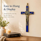 TALPGOD St Benedict Crucifix Gold Blue 7.2 Inch,Crucifix Wall Cross for Catholic Decor,Jesus Christ Hanging Cross Wall Art Decor,Escapularios Catolicos,Saint Benedict Medal for Home Decoration