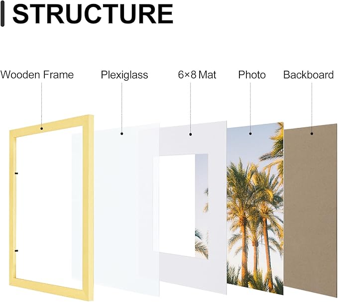 Vittanly 9x12 Picture Frames Set of 9, Shatter Resistant Plexiglass, Display 6x8 Pictures with Mat or 9x12 without Mat, Photo Frames for Wall or Tabletop, Engineered Wood, Gold