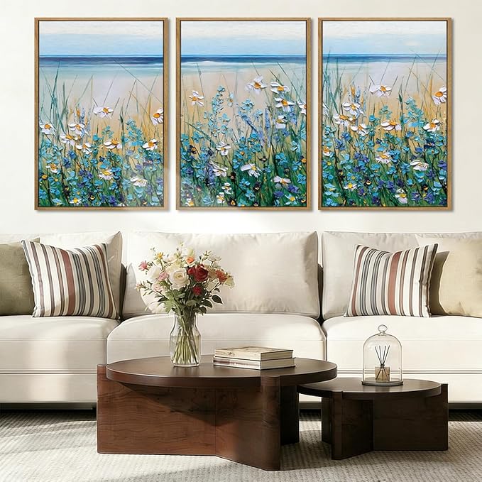 Extra Large Blue Floral Wall Art Framed Wildflower Artwork Blue Floral Wall Pictures Wildflowers Wall Decor for Living Room Bedroom Bathroom Office Blue Flowers Bloom Painting by The Seaside 24x36 Inches Set of 3
