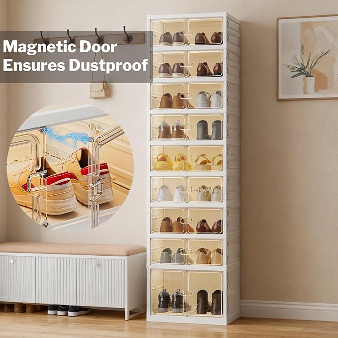 9 Tiers 18 Pairs Foldable Shoe Rack Organizer, Collapsible Shoes Storage Cabinet with Magnetic Doors, No Assembly, Stackable Tall Free Standing Shoe Rack for Closet, Entryway, Living Room