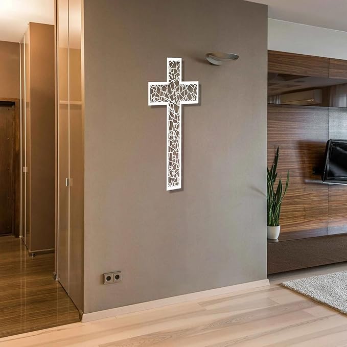 WORGO White Metal Cross Wall Decor Iron Christian Cross for Home Church, Hollow Out Artistic Hanging Ornament, Crosses Wall Decor for Living Room, Bedroom, Decorative Thankful Religious Gift 29.9x19.8 inch