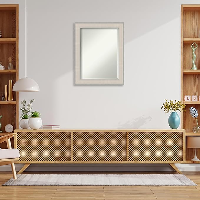 Amanti Art White Wall Mirror 28x22 Cottage White Silver Rectangle Bathroom Mirror for Wall Decor Living Room, Medium Cottage Wood Frame, Hangs Horizonally and Vertically, Bathroom Decor, Beveled Edge