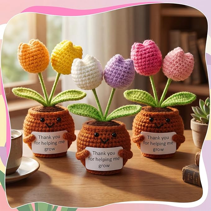 Wavwavw 3 Pack Teacher Appreciation Gift Positive Flower Handmade Crochet Doll Thank You for Helping Me Grow Gifts Back to School Gifts for Women Teacher(Tulip)