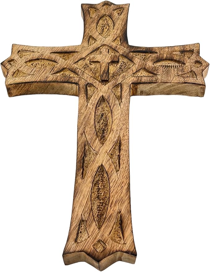 Wooden Cross 12 Inches Handmade Catholic Crucifix Wood Wall Cross Christians Spiritual Hanging Ornament Church Wall Decor For Home Office Living Room Long Hand Carved Ideal Christmas Gift for Women