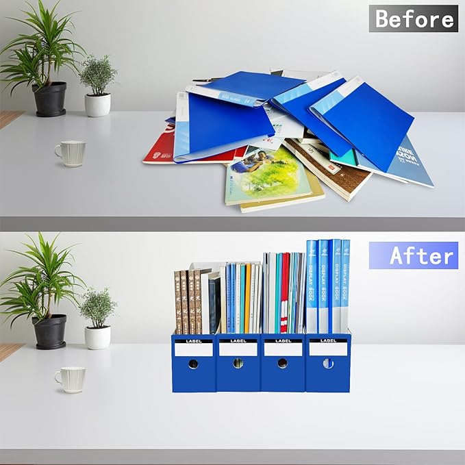 Limitliho 24 Pack Cardboard Magazine File Holder for Desktop ，Blue Book Bins for Classroom Library, Office or Home, Vertical Paper Boxes for Storage with Label(10.6" H x 10.2" L x 3.5" W in)