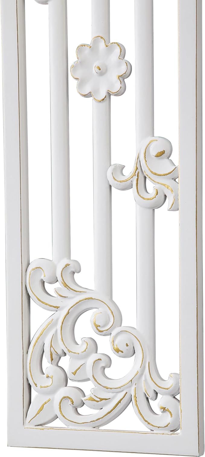 Sintosin Vintage Decorative Wood Panels for Walls 41 Inch, Hanging Distressed White and Gold Wall Art Decor, Handmade Rustic Floral Wood Wall Pediments for Living Room Bedroom Kitchen Hallway