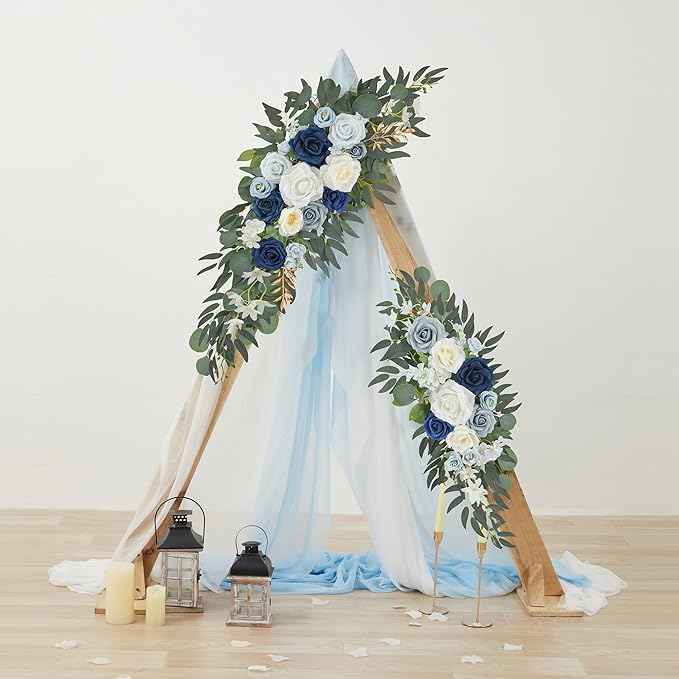 Ting's time Wedding Arch Flowers Pack of 2 Artificial Silk Large Flower Swag Welcome Sign Floral Swag Reception Backdrop Floral Decor for Fall Wedding Party Ceremony (Dusty Blue & White)