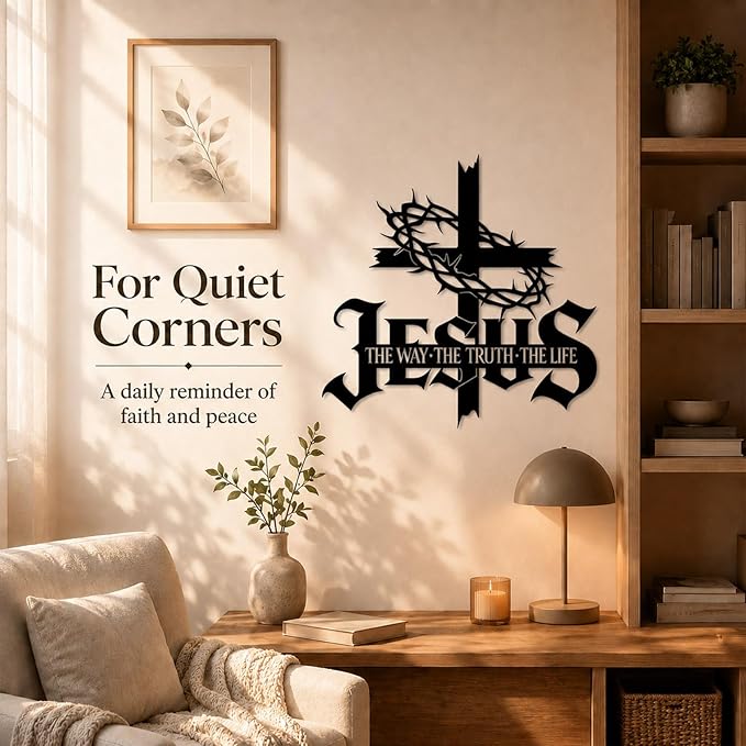 Jesus Wall Art Cross Wall Decor with Crown of Thorns - Metal Christian Wall Art "The Way The Truth The Life" Sign, Black Iron Religious Wall Art & Christian Wall Decor for Home Living Room Church(15.7"L x 15.2"W)