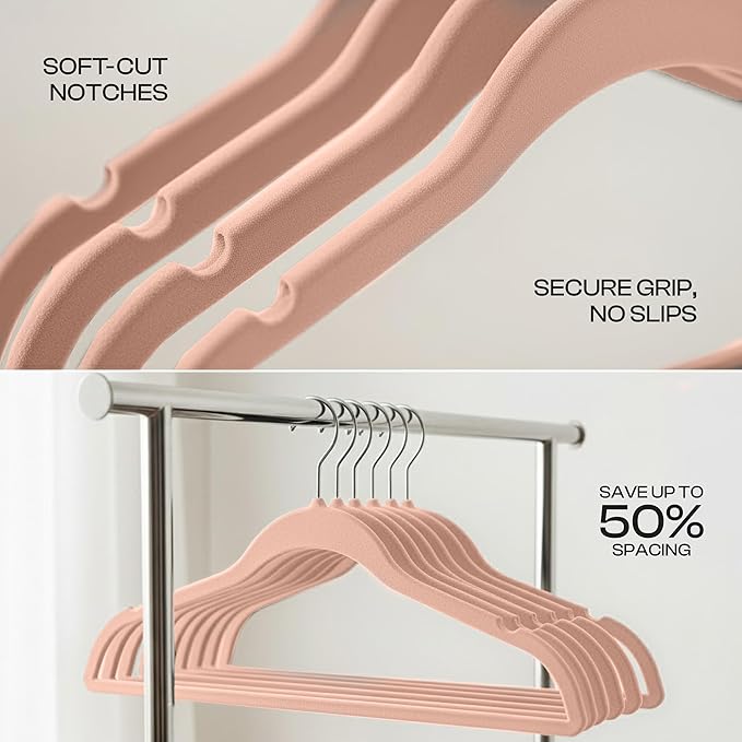 Utopia Home Velvet Hangers 50 Pack – Luxury Non-Slip Slim Pant & Coat Hangers, Strong Space-Saving Clothes Hangers with Pants Bar and 360° Swivel Hook – Pink