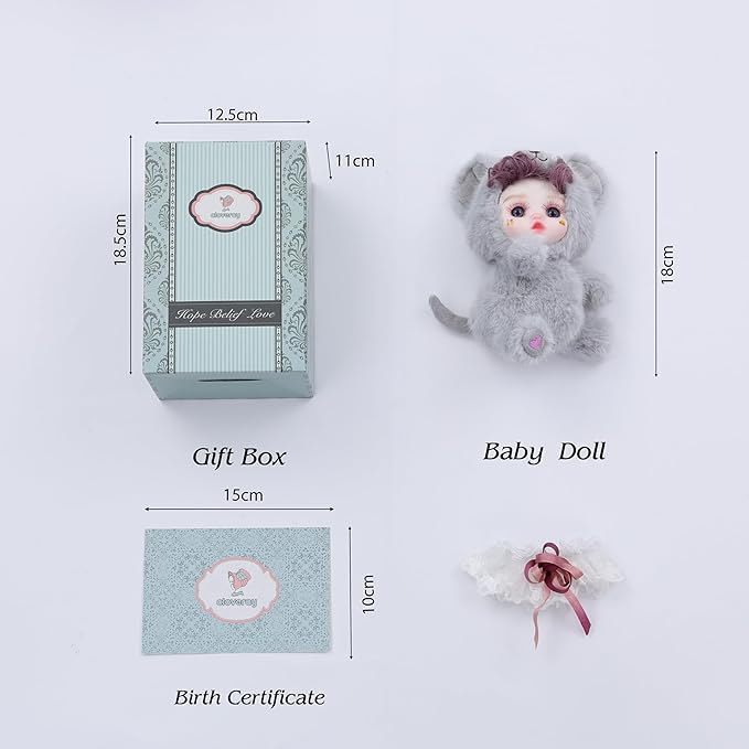 8 Inch Hand-Painted Porcelain Face Doll with Plush ＆ Acrylic Cotton Body, Mini Kawaii High-Color Makeup Ceramic Doll for Room Decor, Birthday Gifts, Collectible ，Name Kira (Grey)