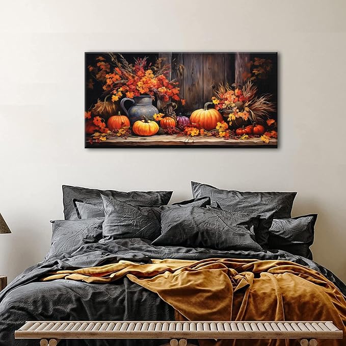 Orange Pumpkin Canvas Wall Art Kitchen Wall Decor Farmhouse Dining Room Pictures Halloween Painting Autumn Flowers Canvas Prints Rustic Fall Harvest Theme Posters Artwork Home Decorations 20x40"