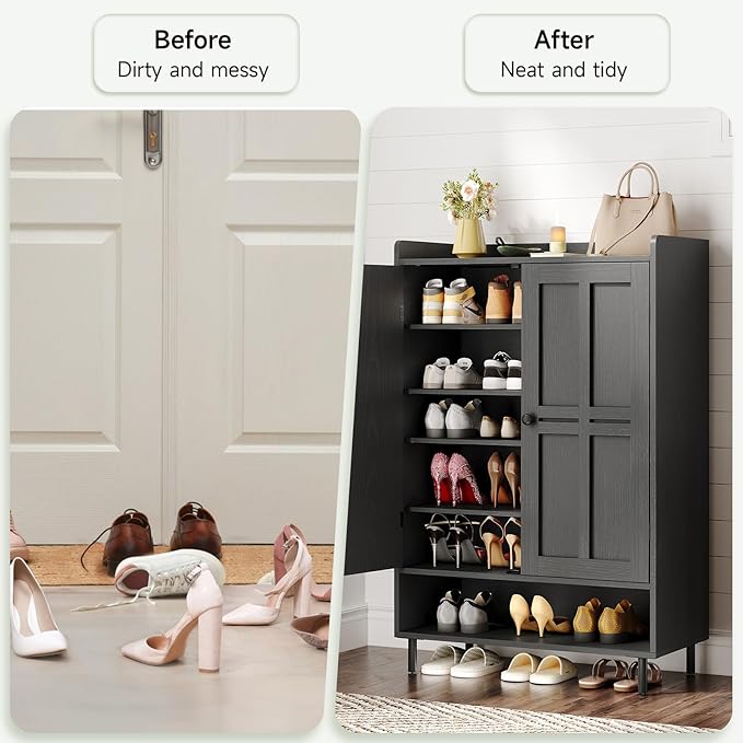 ONBRILL Shoe Cabinet with Cross Molding Doors, 6-Tier Shoe Storage Cabinet with 3 Adjustable Shelves and Metal Legs, 45'' Tall Shoes Rack Organizer Cabinet for Entryway, Front Door, Black