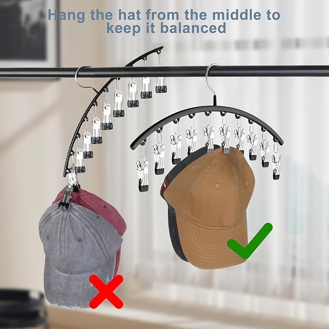 Hat Hangers for Closet, Metal Hats Organizer Racks for Base Ball Caps 2 Pack Door Hats Racks for Baseball Cap with 10 Large Clips, Baseball Hat Holder for Closet Storage, Fits All Cap-Black