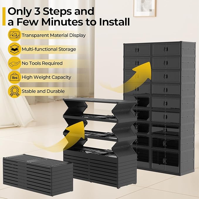FAHKNS Foldable Shoe Rack, Transparent Shoe Boxes with Magnetic Double Doors, Shoe Organizer Storage for Entryway/Bedroom/Cloakroom, Large Shoe Cabinet with Hidden Bottom Roller 9 Tiers 4 Row (Black)